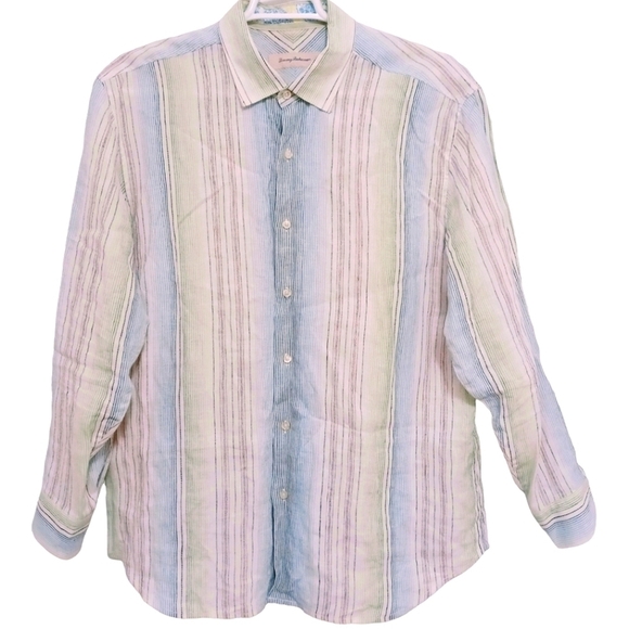 Tommy Bahama 100% Linen Striped Long‎ Sleeve Shirt Button Front - Picture 1 of 6
